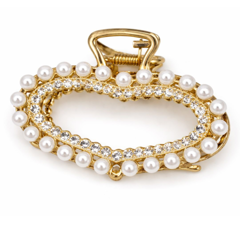 Accesorii par - Clema par eleganta aurie cu perle albe si cristale stralucitoare, prindere puternica, arc metalic rezistent, pentru coafuri sofisticate