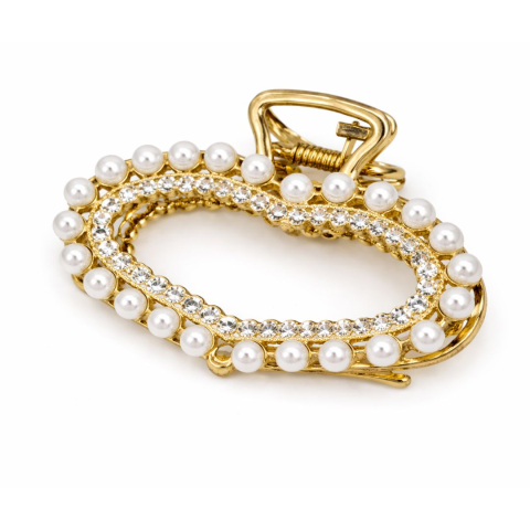 Clema par eleganta aurie cu perle albe si cristale stralucitoare, prindere puternica, arc metalic rezistent, pentru coafuri sofisticate [1]