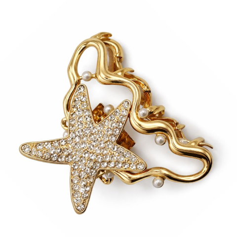 Accesorii par - Clema par eleganta aurie cu stea decorativa si cristale stralucitoare, perle albe, prindere puternica, arc metalic rezistent