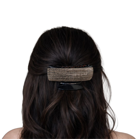 Clema par eleganta neagra cu cristale champagne stralucitoare, model lat, prindere puternica, arc metalic rezistent, pentru coafuri sofisticate [1]