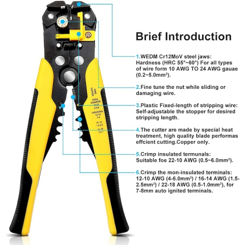 Cleste dezizolare si sertizare cablu, top reglabil cu limitator, 20x10x3 cm, negru-galben [7]