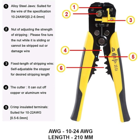 Cleste dezizolare si sertizare cablu, top reglabil cu limitator, 20x10x3 cm, negru-galben [4]