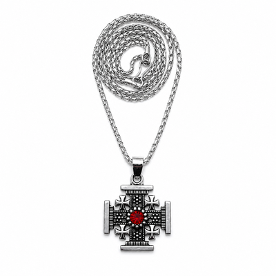 Colier argintiu 29 cm cu cruce Ierusalim 2,3 x 2,3 cm, pandantiv metalic Jerusalem, lant religios crestin unisex pentru cadou si marturie botez