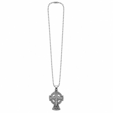 CADOURI - Colier argintiu lungime lant 61 cm ajustabil cu cruce celtica 3 x 2 cm, lant cu bile, 2 fete, Rastignirea Domnului Iisus Hristos, Sfantul Arhanghel Mihail