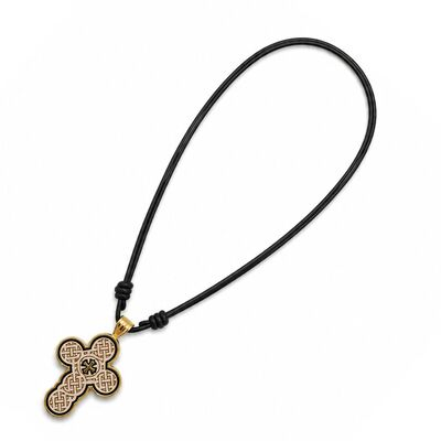 Colier crestin auriu-crem 42 cm cu cruce 3,9 x 2,4 cm din lemn si metal auriu, pandantiv 2 fete inscriptionat, snur negru reglabil [5]