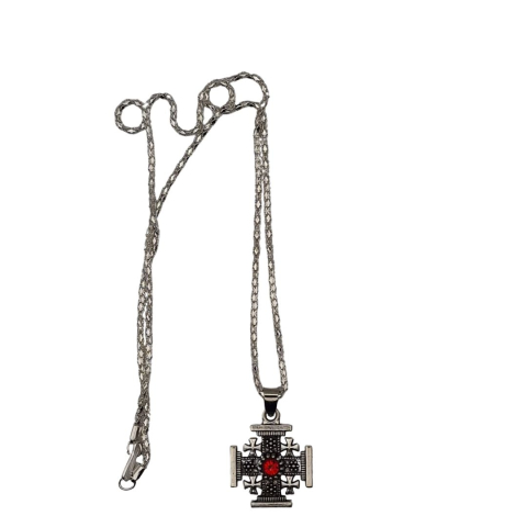 CADOURI - Colier lant argintiu 45 cm cu pandantiv cruce Ierusalim metalica, colier religios crestin unisex