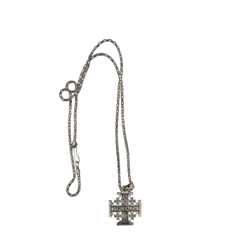 Colier lant argintiu 45 cm cu pandantiv cruce Ierusalim metalica, colier religios crestin unisex [1]