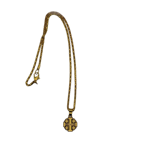 Colier lant auriu 30 cm cu pandantiv cruce Ierusalim metalica, colier religios crestin unisex [1]