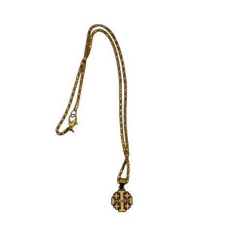 CADOURI - Colier lant auriu 30 cm cu pandantiv cruce Ierusalim metalica, colier religios crestin unisex