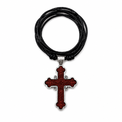 Alte obiecte cadou - Colier maro-argintiu 42,5 cm x 2 cu cruce ortodoxa 4,3 x 2,7 cm, snur negru reglabil, Iisus Hristos, IC XC NI KA si AGION OROS, 2 fete