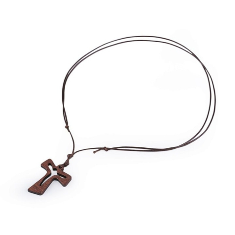 Colier unisex cu pandantiv cruce din lemn maro, reglabil, cu snur textil, marime universala, lungime 40–78 cm, simbol al credintei si stil natural [1]