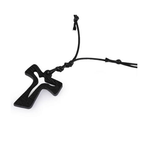 Cadouri simbolice - Colier unisex cu pandantiv cruce din lemn maro, reglabil, cu snur textil, marime universala, lungime 40–78 cm, simbol al credintei si stil natural