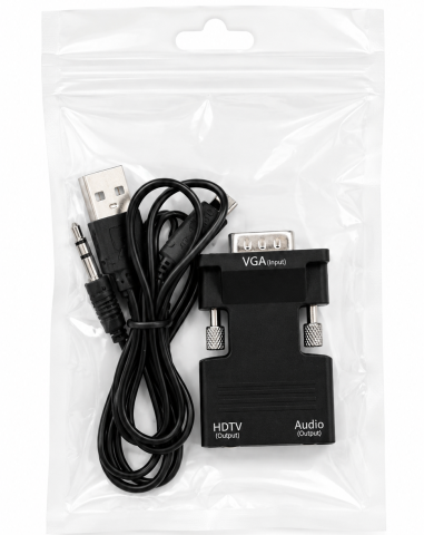 ELECTRONICE - Convertor negru VGA la HDMI cu audio, adaptor video 1080P pentru PC, laptop, monitor, televizor si proiector, cablu USB si jack 3.5 mm incluse
