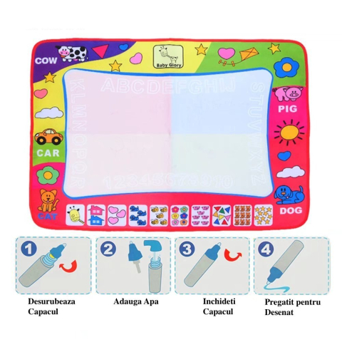 Covoras desen cu apa multicolor 58 x 78 cm, 4 culori, 2 pixuri reincarcabile, reutilizabil si pliabil, joc educativ cu sabloane pentru copii 3 ani+ [2]