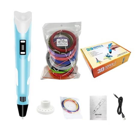 JOCURI ȘI JUCĂRII - Creion 3D pentru realizare obiectelor in spatiu 3D cu 50 m filament inclus - Albastru