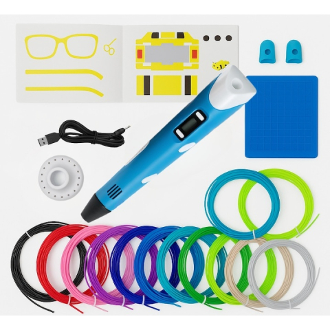 JOCURI ȘI JUCĂRII - Creion 3D albastru set complet cu filament PLA 1.75 mm 110 m, 20 culori, suport silicon, sabloane, degetare, LCD, compatibil PLA ABS, temperatura reglabila 60-230°C, motor metalic, duza ceramica, USB