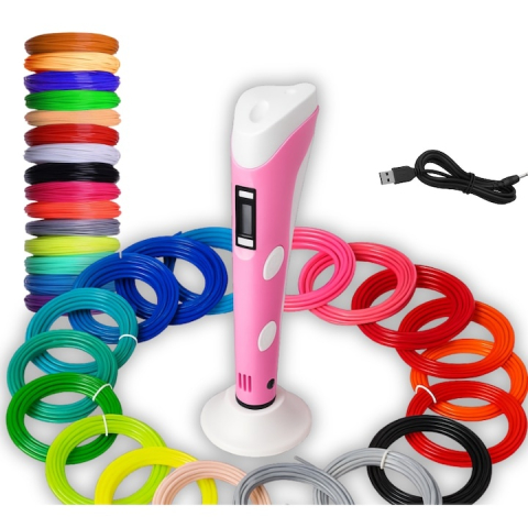 JOCURI ȘI JUCĂRII - Creion 3D cu filament 1.75 mm, 20 culori, 110 m, compatibil PLA ABS, LCD, temperatura reglabila 60-230°C, motor metalic, duza ceramica, roz alb