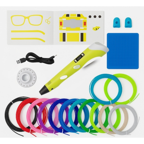 JOCURI ȘI JUCĂRII - Creion 3D cu filament, galben alb, set complet 1.75 mm, 20 culori, 110 m, suport silicon, sabloane, degetare, ecran LCD, temperatura reglabila, duza ceramica