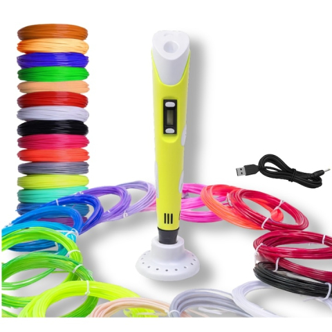 Creion 3D cu filament, galben alb, set complet 1.75 mm, 20 culori, 110 m, suport silicon, sabloane, degetare, ecran LCD, temperatura reglabila, duza ceramica [1]