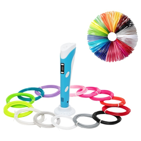 Creion 3D cu filament, albastru alb, set complet 1.75 mm, 20 culori, 110 m, suport silicon, sabloane, degetare, ecran LCD, temperatura reglabila, duza ceramica [1]