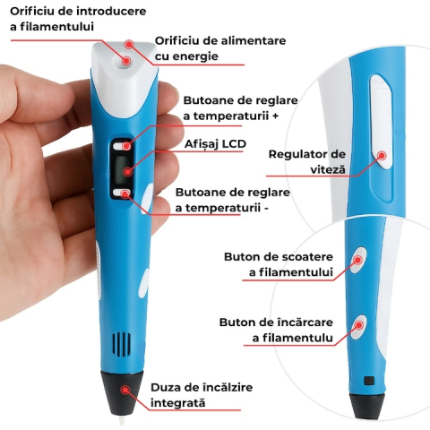 Creion 3D cu filament, bleu alb, 1.75 mm, 20 culori, 310 m, compatibil PLA ABS, ecran LCD, temperatura reglabila, motor metalic, duza ceramica [3]