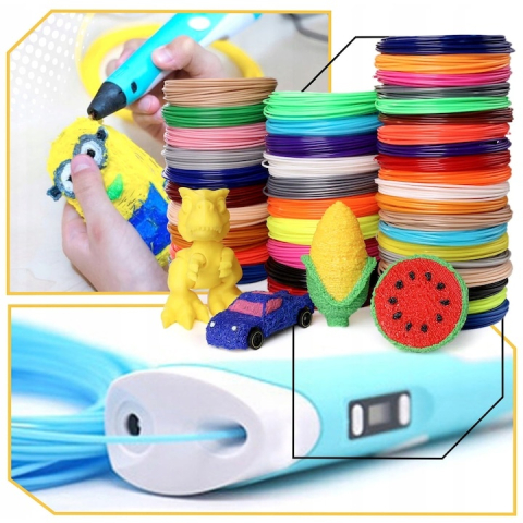 JOCURI ȘI JUCĂRII - Creion 3D cu filament, bleu alb, 1.75 mm, 20 culori, 310 m, compatibil PLA ABS, ecran LCD, temperatura reglabila, motor metalic, duza ceramica