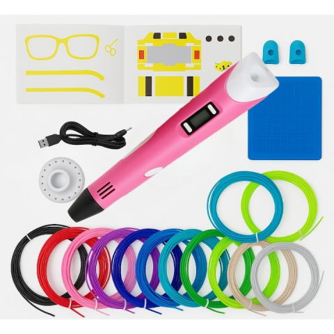 JOCURI ȘI JUCĂRII - Creion 3D cu filament, roz alb, set complet 1.75 mm, 20 culori, 110 m, suport silicon, sabloane, degetare, ecran LCD, temperatura reglabila, duza ceramica