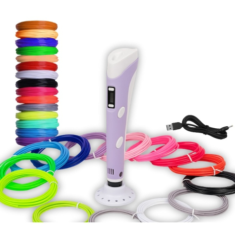 Creion 3D cu filament, violet alb, set complet 1.75 mm, 20 culori, 110 m, suport silicon, sabloane, degetare, ecran LCD, temperatura reglabila, duza ceramica [4]