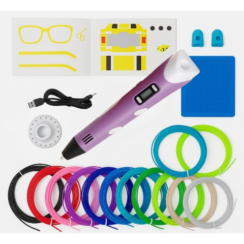 JOCURI ȘI JUCĂRII - Creion 3D cu filament, violet alb, set complet 1.75 mm, 20 culori, 110 m, suport silicon, sabloane, degetare, ecran LCD, temperatura reglabila, duza ceramica