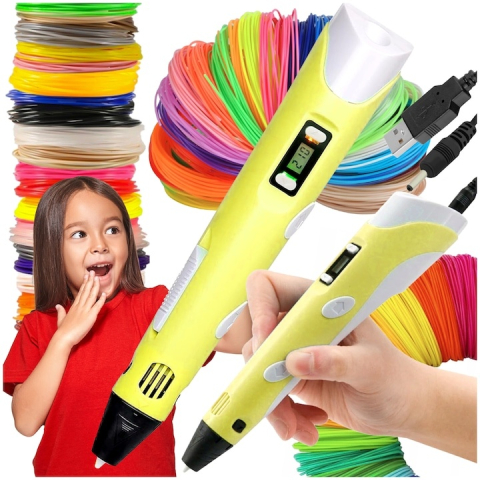Creion 3D galben alb cu filament 1.75 mm, 20 culori incluse 110 m, compatibil PLA si ABS, ecran LCD, temperatura reglabila 60-230°C, motor metalic, duza ceramica, alimentare USB [1]
