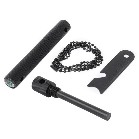 Kit multifunctional pentru aprinderea focului, supravietuire, camping, drumetii, rigla, busola, desfacator sticle, carcasa aluminiu, lant 40 cm, negru [10]