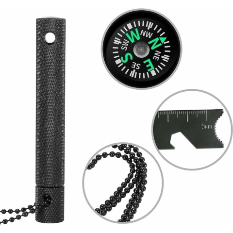 Kit multifunctional pentru aprinderea focului, supravietuire, camping, drumetii, rigla, busola, desfacator sticle, carcasa aluminiu, lant 40 cm, negru [3]