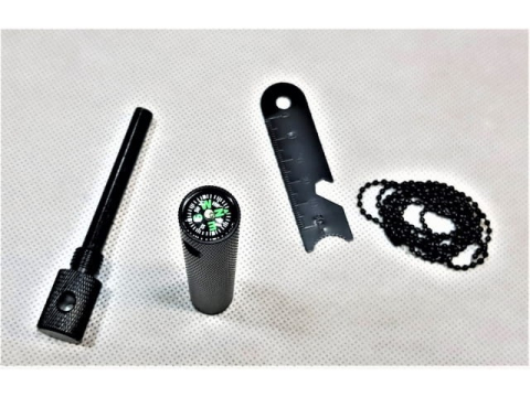 Kit multifunctional pentru aprinderea focului, supravietuire, camping, drumetii, rigla, busola, desfacator sticle, carcasa aluminiu, lant 40 cm, negru [13]