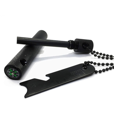 Kit multifunctional pentru aprinderea focului, supravietuire, camping, drumetii, rigla, busola, desfacator sticle, carcasa aluminiu, lant 40 cm, negru [11]