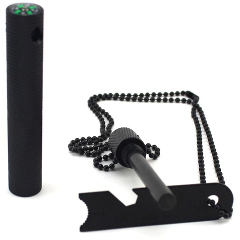 Kit multifunctional pentru aprinderea focului, supravietuire, camping, drumetii, rigla, busola, desfacator sticle, carcasa aluminiu, lant 40 cm, negru [5]