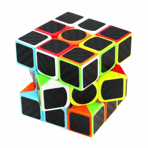 JOCURI ȘI JUCĂRII - Cub de indemanare 3x3, 5.5 x 5.5 cm, Speed Cube cu stickere aspect fibra de carbon, joc de logica, ABS, multicolor, +6 ani