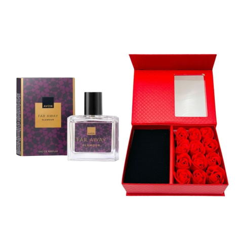 Cutie cadou Love Forever cu 12 trandafiri de sapun si apa de parfum Avon Far Away Glamour pentru femei 30 ml, cadou elegant si rafinat [7]