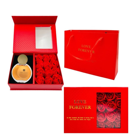 Parfumuri femei - Cutie cadou Love Forever cu 12 trandafiri de sapun si apa de parfum Avon Far Away pentru femei 50 ml, cadou elegant si rafinat