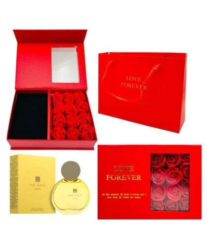 Cutie cadou Love Forever cu 12 trandafiri de sapun si apa de parfum Avon Far Away Shine pentru femei 50 ml, cadou elegant si rafinat