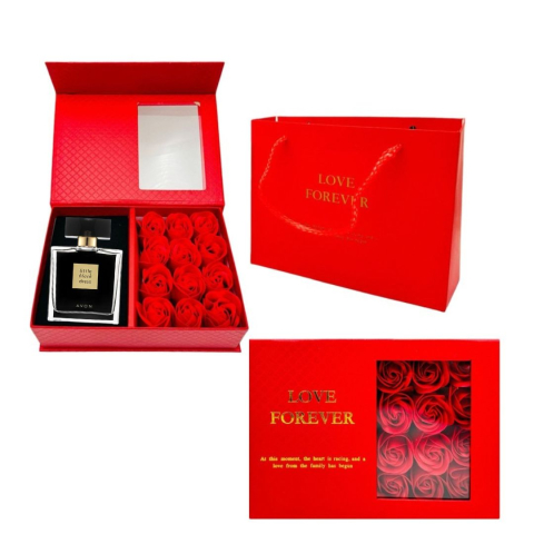 PARFUMURI & SETURI - Cutie cadou Love Forever cu 12 trandafiri de sapun si apa de parfum Avon Little Black Dress pentru femei 50 ml, cadou elegant si rafinat
