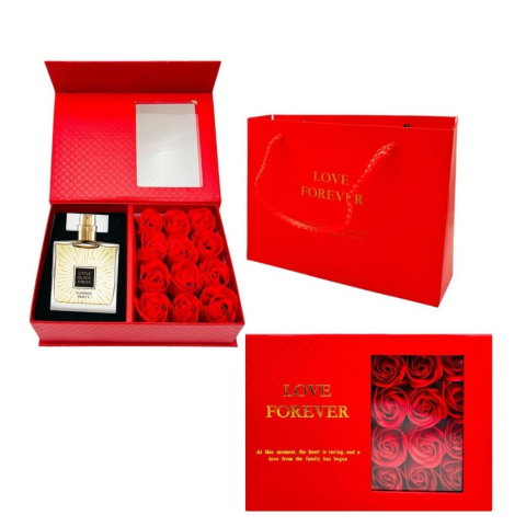 PARFUMURI & SETURI - Cutie cadou Love Forever cu 12 trandafiri de sapun si apa de parfum Avon Little Black Dress Summer Party pentru femei 50 ml, cadou elegant si rafinat
