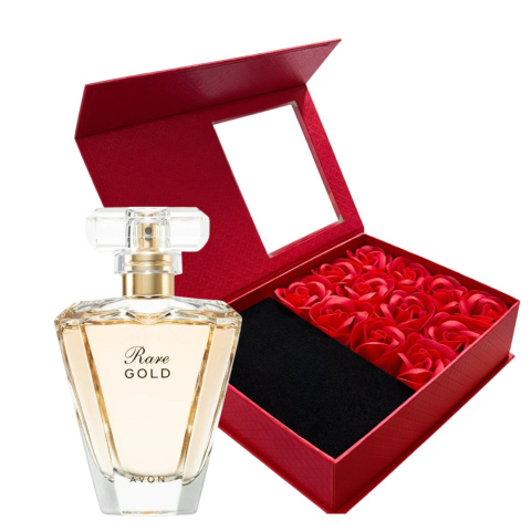 PARFUMURI & SETURI - Cutie cadou Love Forever cu 12 trandafiri de sapun si apa de parfum Avon Rare Gold pentru femei 50 ml, parfum floral-oriental ambrat, cadou elegant si rafinat