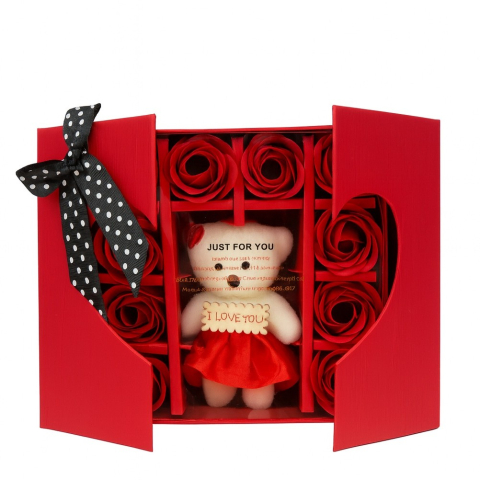 Cutii cadou - Cutie cadou rosie cu ursulet si 10 trandafiri de sapun, model romantic, 16x16x5 cm