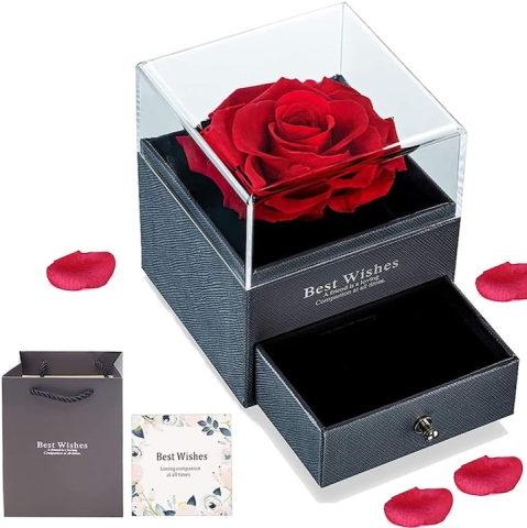 Set Bijuterii Cadou - Cutie de bijuterii cu trandafir criogenat, 1 sertar, punga de cadou si felicitare, 11 x 9 x 9 cm, neagra – eleganta si emotie intr-un singur cadou