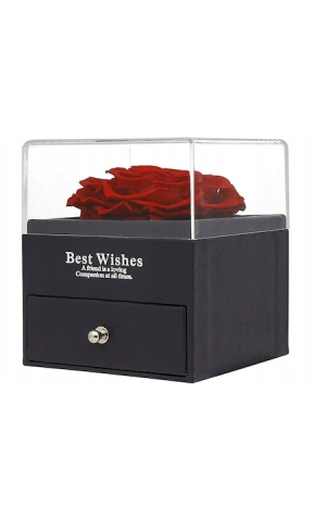 Cutie de bijuterii cu trandafir criogenat, 1 sertar, punga de cadou si felicitare, 11 x 9 x 9 cm, neagra – eleganta si emotie intr-un singur cadou [13]