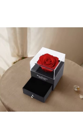 Cutie de bijuterii cu trandafir criogenat, 1 sertar, punga de cadou si felicitare, 11 x 9 x 9 cm, neagra – eleganta si emotie intr-un singur cadou [10]