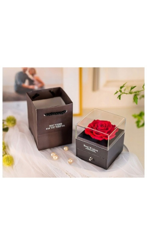 Cutie de bijuterii cu trandafir criogenat, 1 sertar, punga de cadou si felicitare, 11 x 9 x 9 cm, neagra – eleganta si emotie intr-un singur cadou [12]