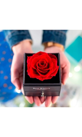 Cutie de bijuterii cu trandafir criogenat, 1 sertar, punga de cadou si felicitare, 11 x 9 x 9 cm, neagra – eleganta si emotie intr-un singur cadou [4]