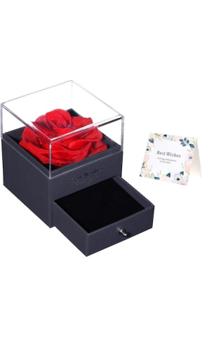 Cutie de bijuterii cu trandafir criogenat, 1 sertar, punga de cadou si felicitare, 11 x 9 x 9 cm, neagra – eleganta si emotie intr-un singur cadou [9]