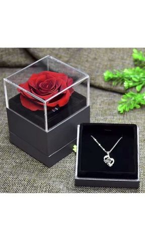 Cutie de bijuterii cu trandafir criogenat, 1 sertar, punga de cadou si felicitare, 11 x 9 x 9 cm, neagra – eleganta si emotie intr-un singur cadou [11]